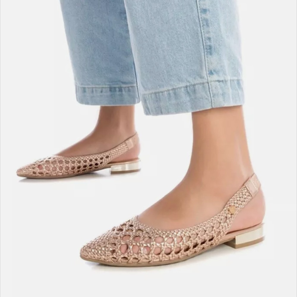 New Xti Women's 6 Woven Metallic Ballerina Flat Shoes Slingback Pointed Low Heel